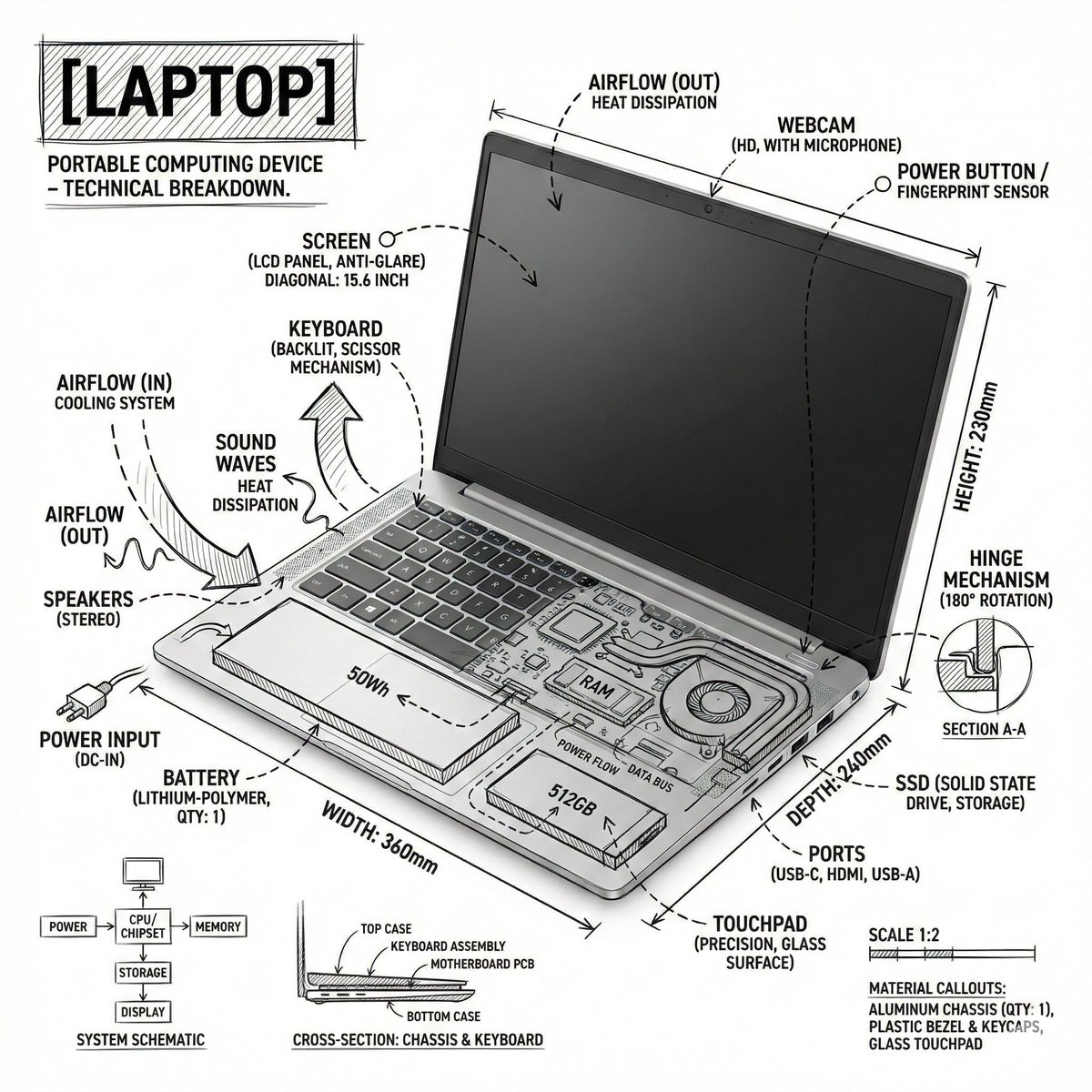Laptop technical annotation infographic